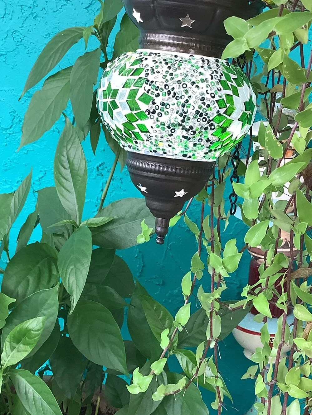 Set of 3 Turkish Moroccan Mosaic & Beaded Hanging Lantern Lamps